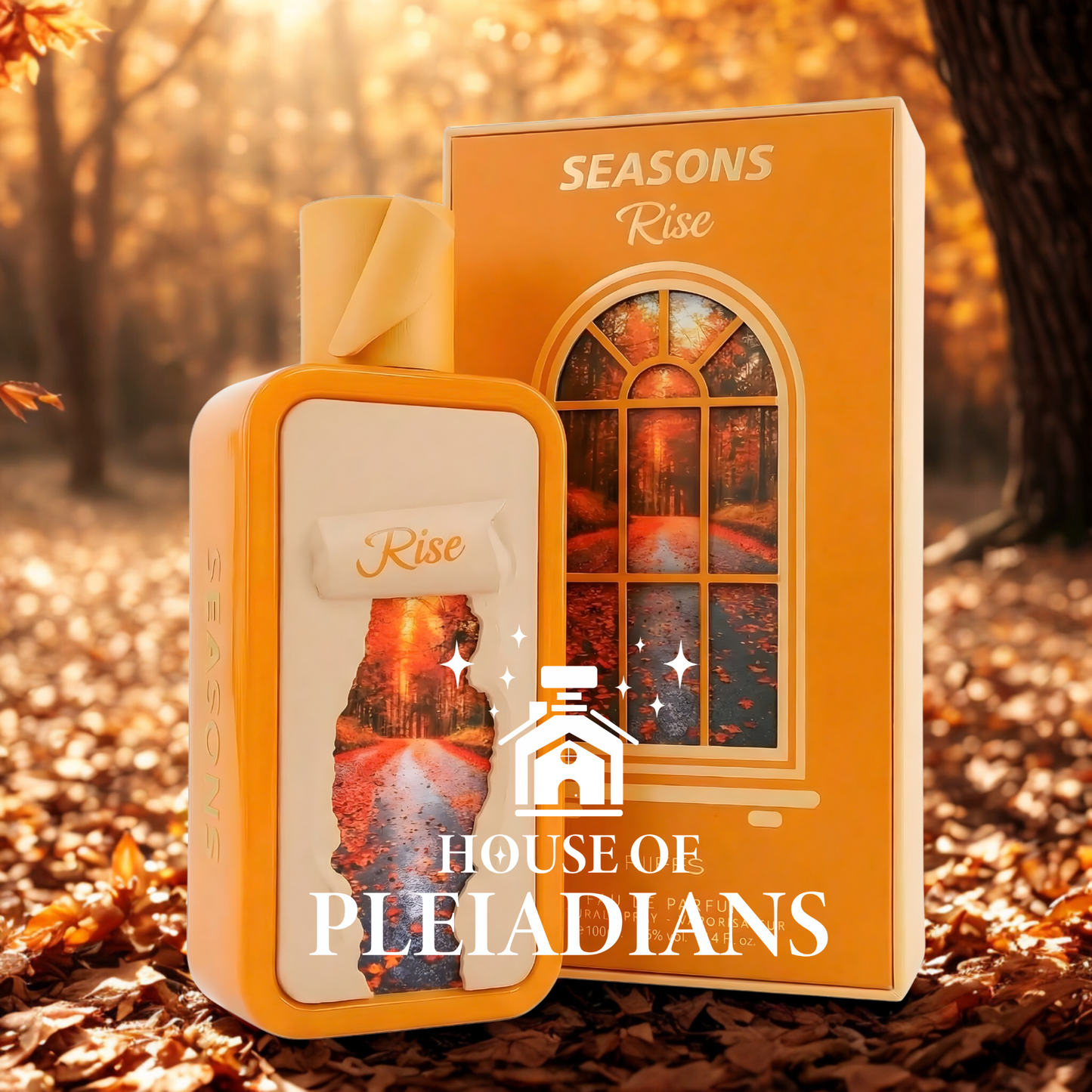 Perfume bottle and packaging with 'House of Pleadians' branding against an autumnal background