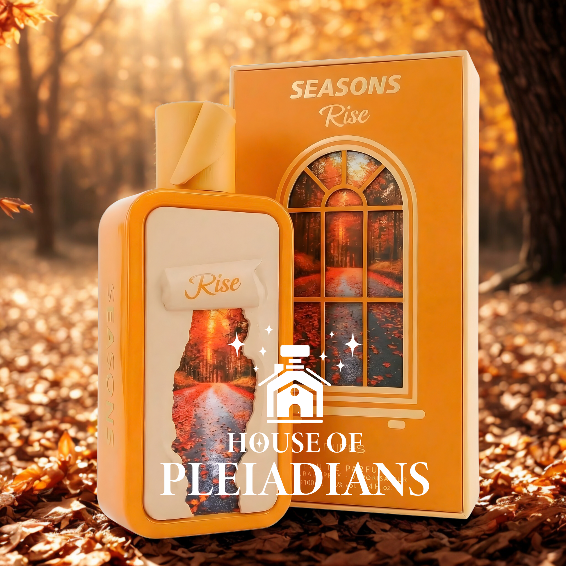 Perfume bottle and packaging with 'House of Pleadians' branding against an autumnal background