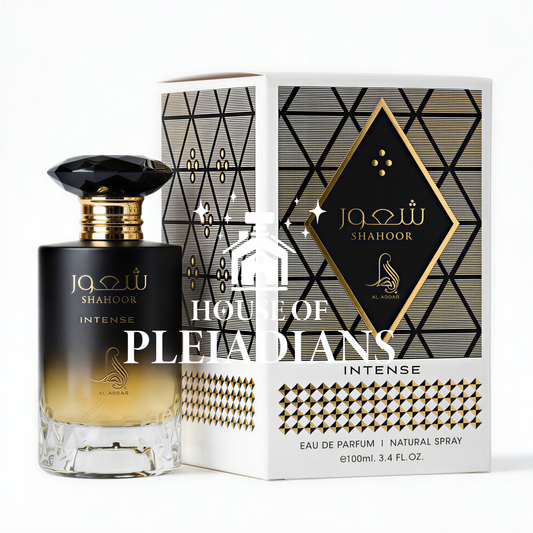 Perfume bottle and packaging of Joahoor Shahoor with geometric design on a white background