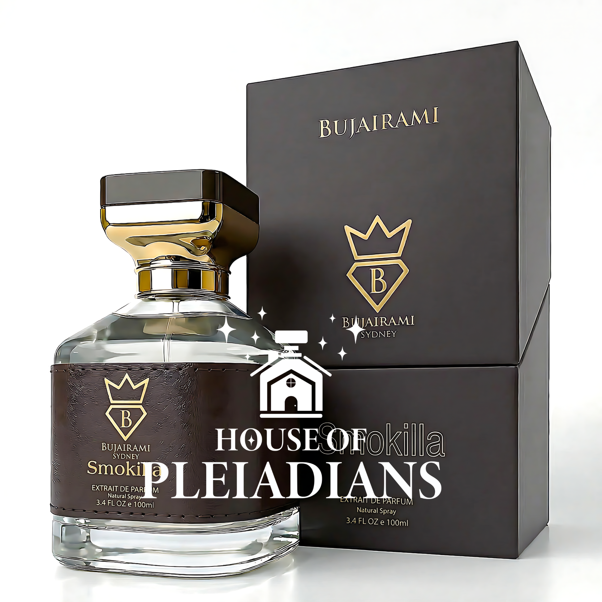 Bujairami Sydney Smokilla extrait de parfum – clear glass bottle with gold-tone cap – 100 ml / 3.4 fl oz natural spray

