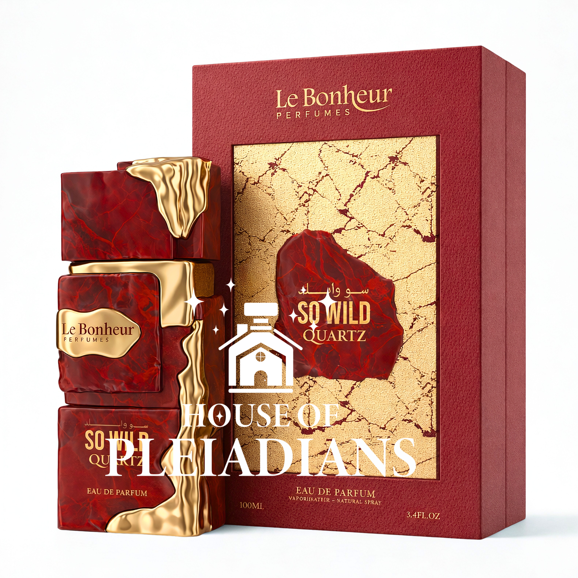 Le Bonheur So Wild Quartz 100ml Eau de Parfum red marble bottle with gold accents and box Middle Eastern perfume UK