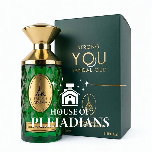Green perfume bottle with gold cap and packaging labeled 'House of Pleiadians' on a white background