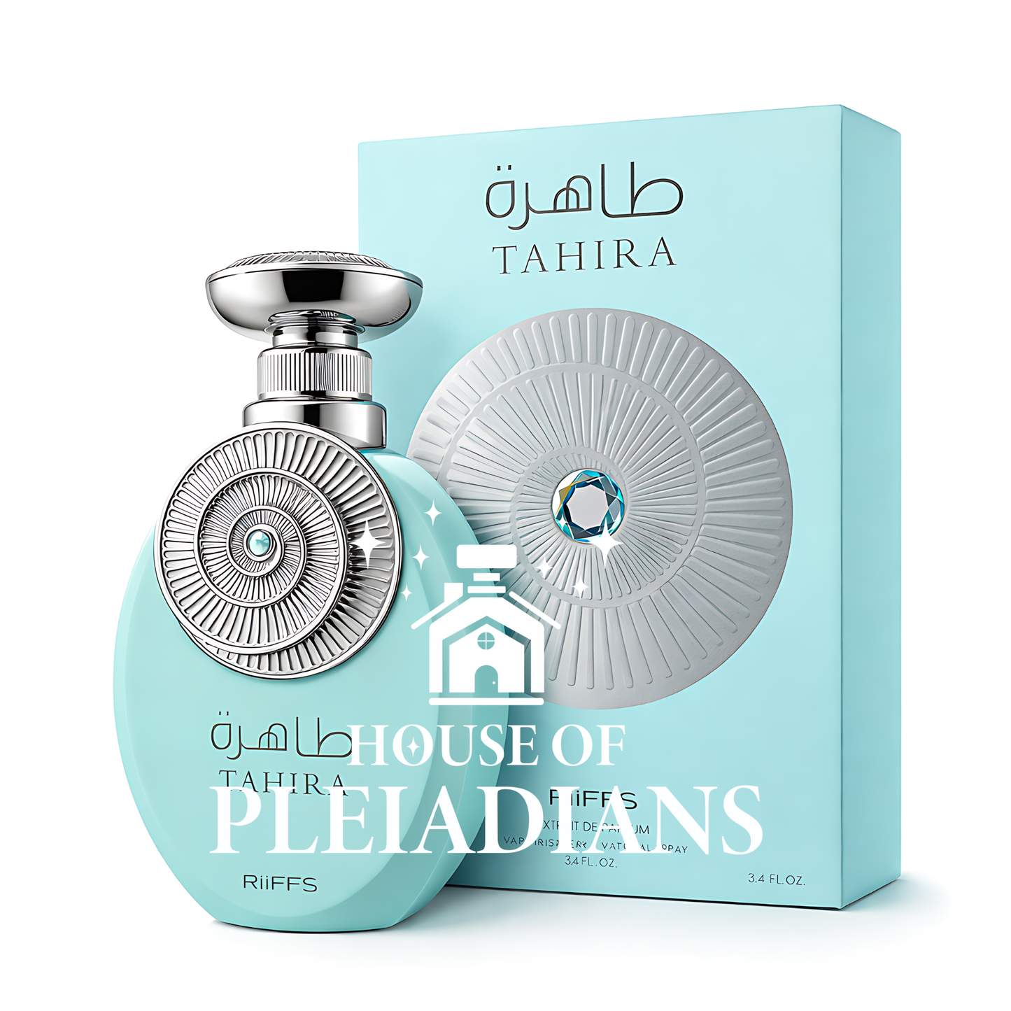 Riiffs Tahira 100ml Eau de Parfum turquoise blue bottle with silver cap and box Middle Eastern perfume UK