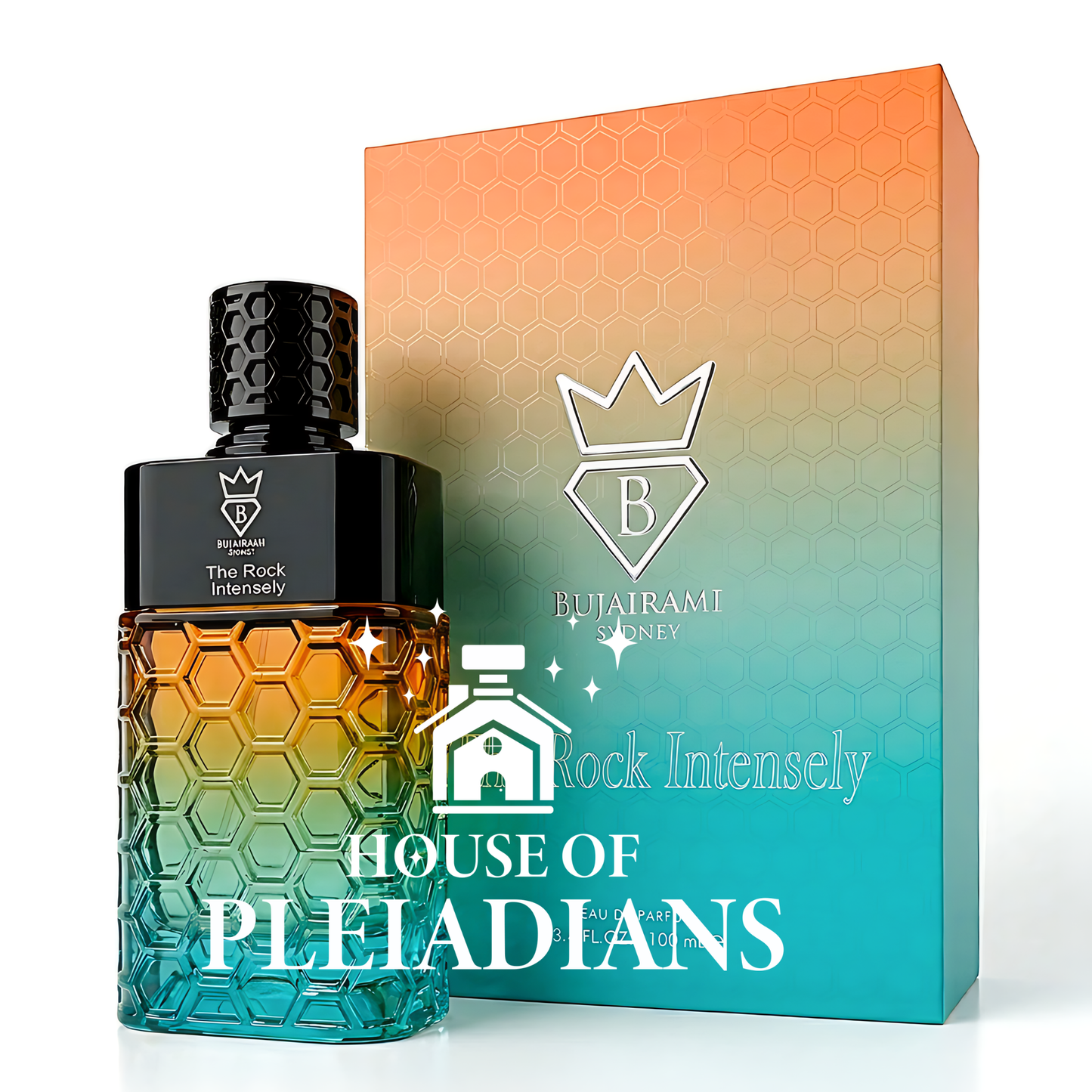 Bujairami The Rock Intensely Eau de Parfum 100ml bottle with gradient honeycomb design and box – Middle Eastern perfume UK