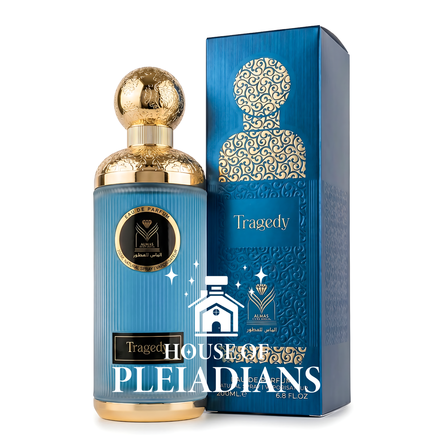 Almas Tragedy 200ml Eau de Parfum blue bottle with gold cap and box Middle Eastern perfume UK