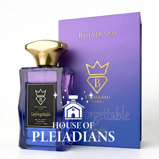 Bujairami Unforgettable 100ml Eau de Parfum purple blue glass bottle with gold cap and box Middle Eastern perfume UK