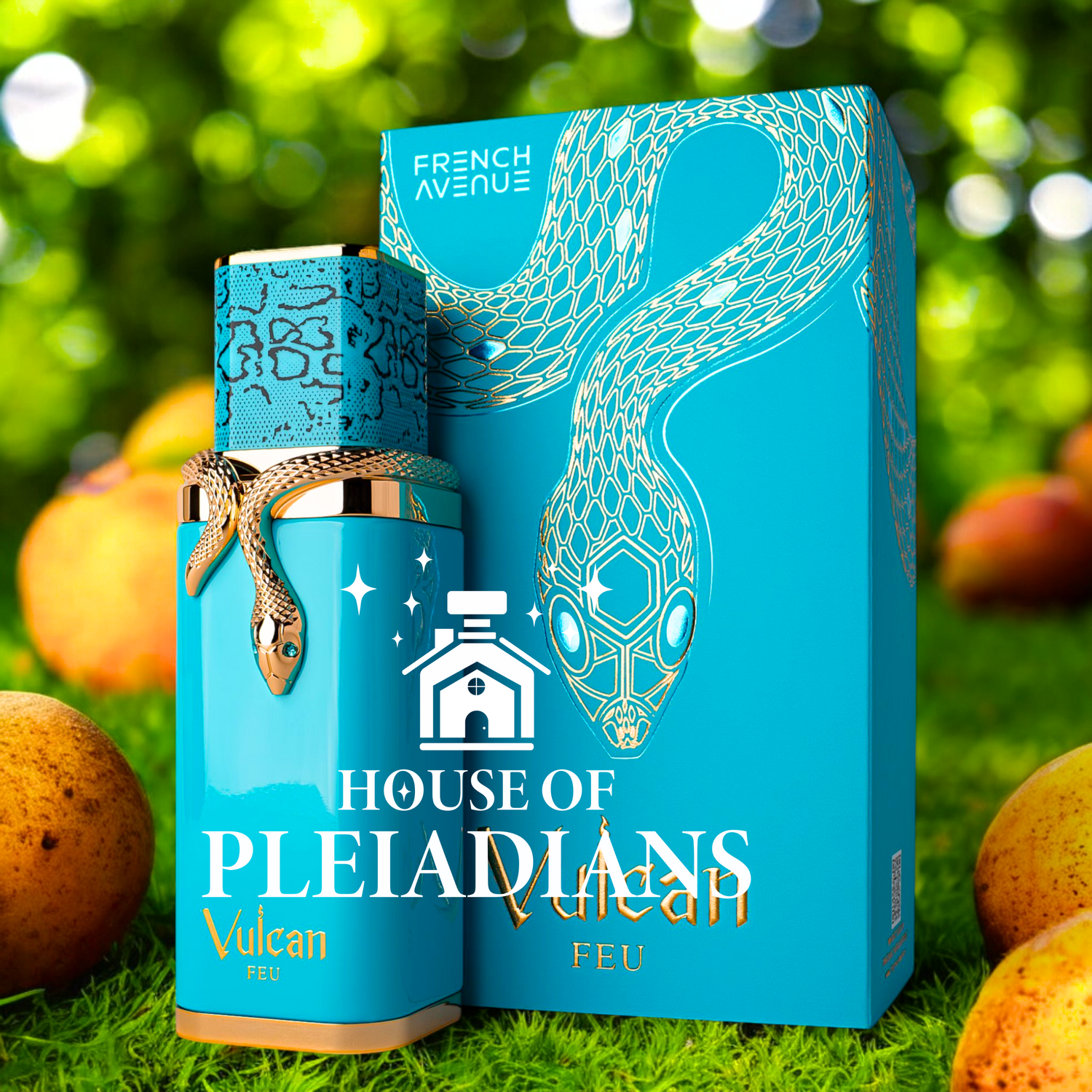 Vulcan Feu 100ml by French Avenue perfume bottle and box with gold snake design, featured in lush outdoor setting. Sold by House of Pleiadians.