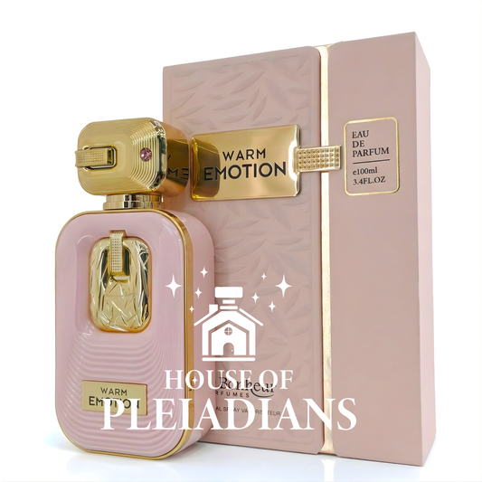Pink and gold perfume bottle with packaging labeled 'Warm Emotion' from House of Pleiadians.