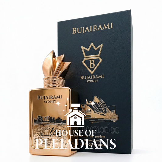 Gold perfume bottle and packaging with 'Bujairami' branding on a white background