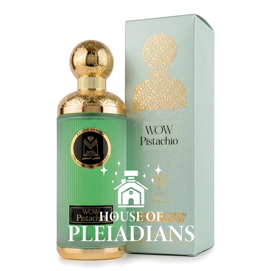 Almas WOW Pistachio 200ml Eau de Parfum green bottle with gold cap and box Middle Eastern perfume UK